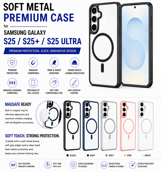 Samsung S25 / S25+ / S25 Ultra - Soft Metal Premium Edge Case with MagSafe + Soft Grip